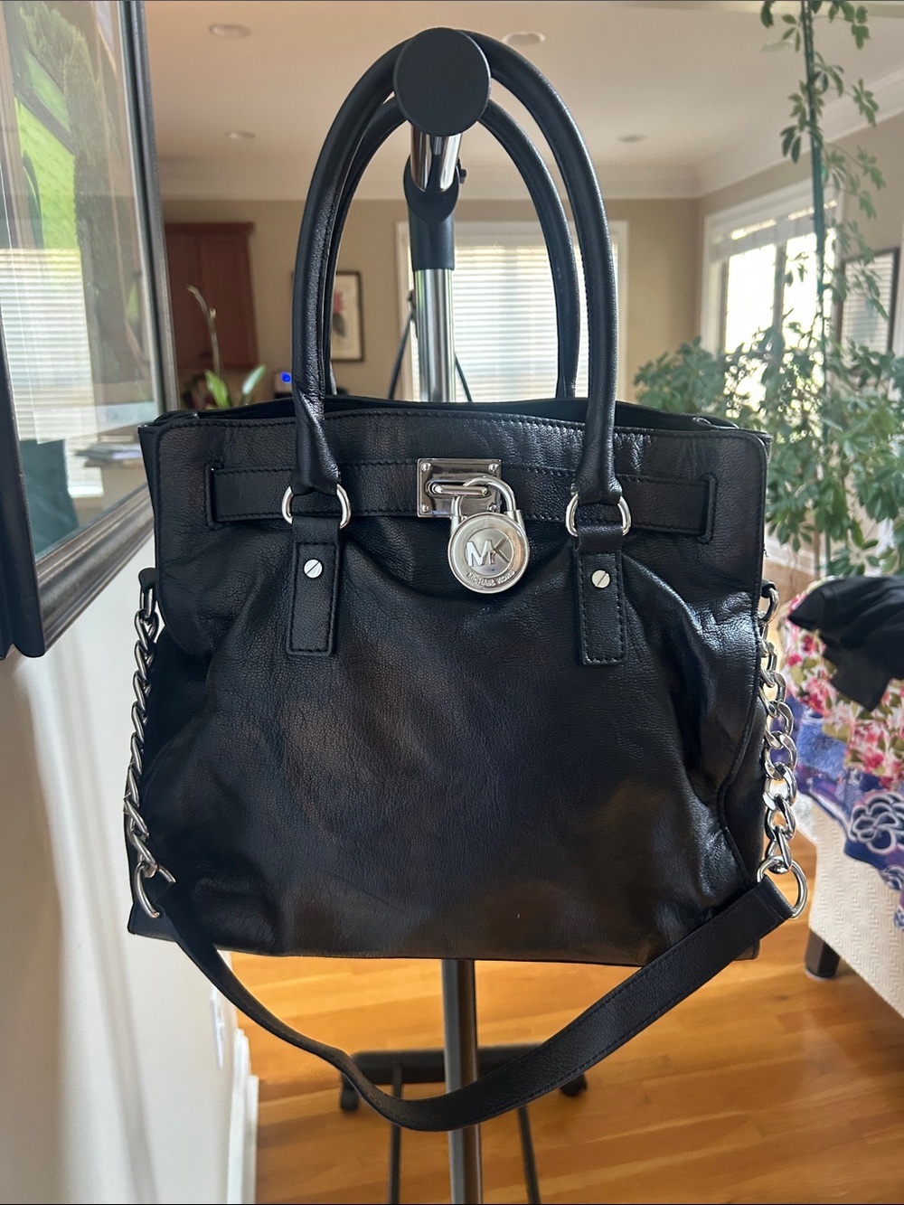 Michael Kors Black Leather Satchel with Silver Chain Strap